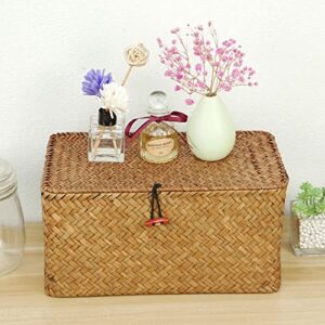 Casaphoria Large Square Sea Grass Baskets for Storage Seaweed Woven Sundries Baskets Sturdy and Durable Natural Material for Make-up with Lid Big Rectangular Seagrass Towel Baskets for Organizing