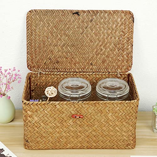 Casaphoria Large Square Sea Grass Baskets for Storage Seaweed Woven Sundries Baskets Sturdy and Durable Natural Material for Make-up with Lid Big Rectangular Seagrass Towel Baskets for Organizing