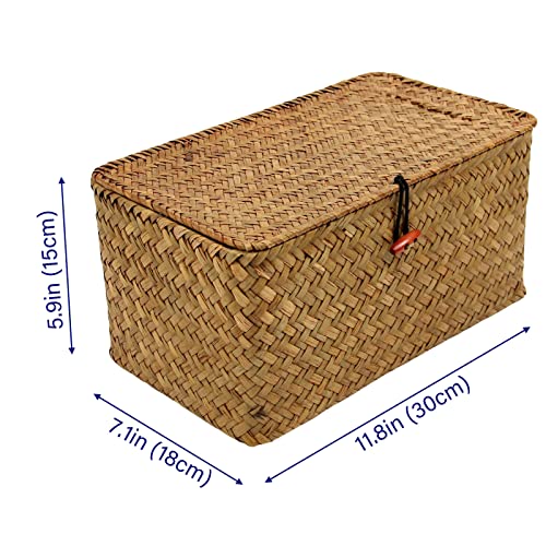 Casaphoria Large Square Sea Grass Baskets for Storage Seaweed Woven Sundries Baskets Sturdy and Durable Natural Material for Make-up with Lid Big Rectangular Seagrass Towel Baskets for Organizing