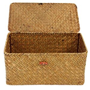 Casaphoria Large Square Sea Grass Baskets for Storage Seaweed Woven Sundries Baskets Sturdy and Durable Natural Material for Make-up with Lid Big Rectangular Seagrass Towel Baskets for Organizing