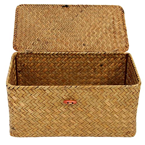 Casaphoria Large Square Sea Grass Baskets for Storage Seaweed Woven Sundries Baskets Sturdy and Durable Natural Material for Make-up with Lid Big Rectangular Seagrass Towel Baskets for Organizing