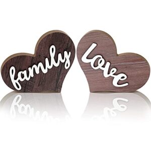 jetec 2 pieces love family heart wooden sign heart shaped wooden decoration rustic table sign wooden heart table centerpiece for home kitchen living room bedroom office table decor