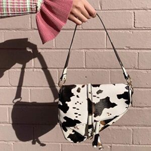 Women Cow Print Saddle Shoulder Bag Clutch Purse Underarm Handbag Satchel Zipper Crossbody Bag