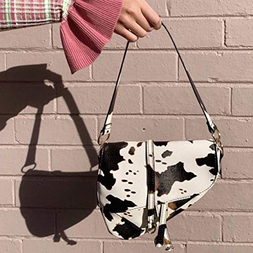 Women Cow Print Saddle Shoulder Bag Clutch Purse Underarm Handbag Satchel Zipper Crossbody Bag