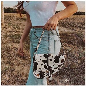 Women Cow Print Saddle Shoulder Bag Clutch Purse Underarm Handbag Satchel Zipper Crossbody Bag