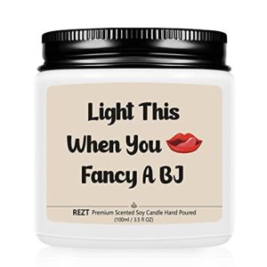 rezt naughty candle gifts for boyfriend husband, light this when you fancy a bj funny dating gifts ideas for him, anniversary, birthday, valentine’s day (lavender,tiny 3.5oz)