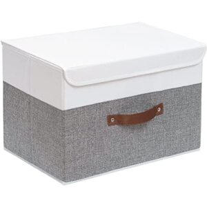 yawinhe collapsible storage boxes 1 pack, linen fabric storage baskets washable, with lids and leather handle, for home bedroom closet office, (white/grey, 17.7×11.8×11.8in), usnk024wgx-1