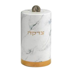 rite lite tzedakah box with ceramic marble design and gold accents, ceremonial tzedakah box 5.50″