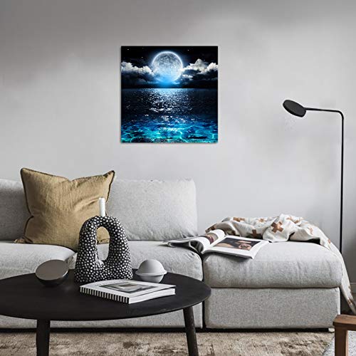 Moon Decor Led Wall Art - Seascape Picture Ocean Bathroom Decorations office Kids Room Dorm Modern Abstract Prints Poster Moonlight lighted Painting Space Canvas Giclee Artwork 11.6x11.6inch Framed