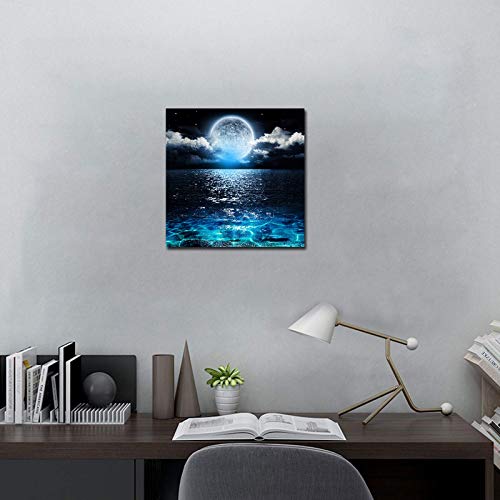 Moon Decor Led Wall Art - Seascape Picture Ocean Bathroom Decorations office Kids Room Dorm Modern Abstract Prints Poster Moonlight lighted Painting Space Canvas Giclee Artwork 11.6x11.6inch Framed