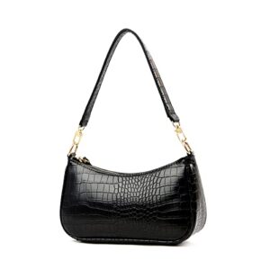 Women Shoulder Bags Retro Crocodile Purse Classic Clutch Shoulder Tote Handbag with Zipper Closure for Women (Black)