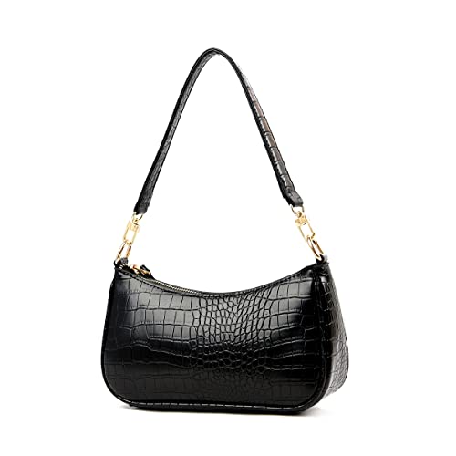 Women Shoulder Bags Retro Crocodile Purse Classic Clutch Shoulder Tote Handbag with Zipper Closure for Women (Black)