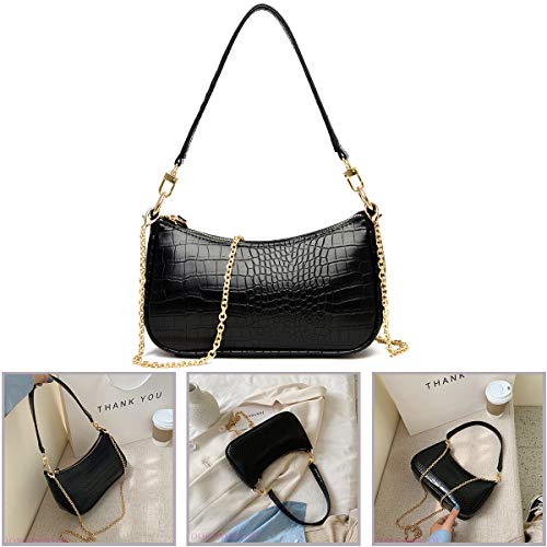 Women Shoulder Bags Retro Crocodile Purse Classic Clutch Shoulder Tote Handbag with Zipper Closure for Women (Black)