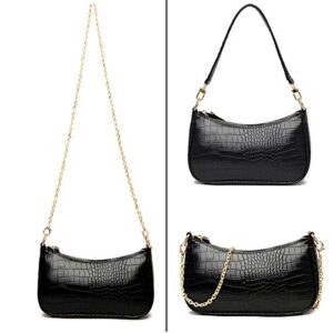 Women Shoulder Bags Retro Crocodile Purse Classic Clutch Shoulder Tote Handbag with Zipper Closure for Women (Black)