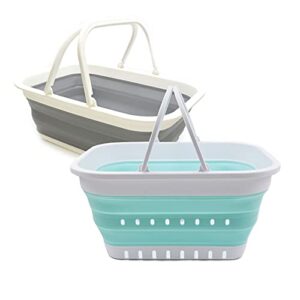 sammart 9.2l & 19l collapsible tub with handle – portable outdoor picnic basket/crater – foldable shopping bag – 2 pieces (grey & lake green)