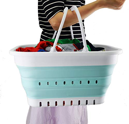 SAMMART 9.2L & 19L Collapsible Tub with Handle - Portable Outdoor Picnic Basket/Crater - Foldable Shopping Bag - 2 pieces (Grey & Lake Green)