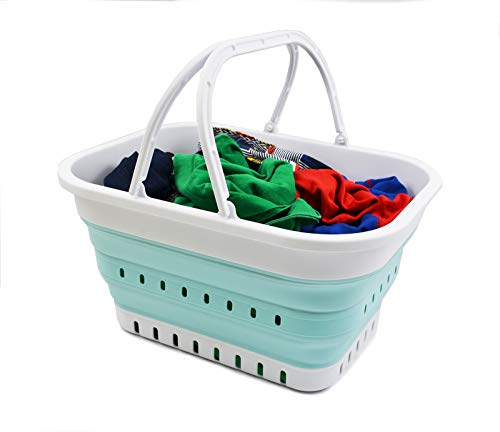 SAMMART 9.2L & 19L Collapsible Tub with Handle - Portable Outdoor Picnic Basket/Crater - Foldable Shopping Bag - 2 pieces (Grey & Lake Green)