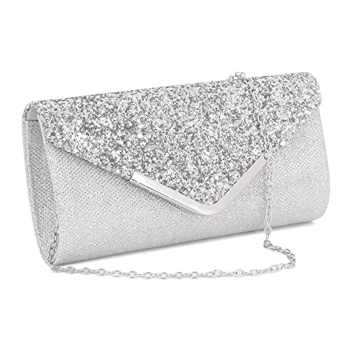 Gabrine Womens Shiny Sequins Evening Bag Envelop Bag Handbag Clutch Purse for Wedding Party Prom(Grid Silver)