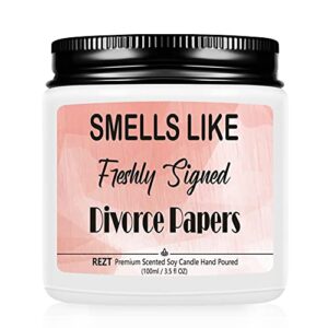 rezt funny breakup gifts for women, freshly signed divorce papers saying scented candle | divorce break up gifts for bestie, best friends, sister, bff, her (lavender, 3.5oz)