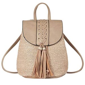 aisi women girls straw woven backpack summer beach casual daypack tassel traveling purse one size khaki