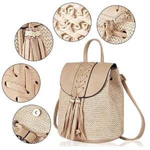 Aisi Women Girls Straw Woven Backpack Summer Beach Casual Daypack Tassel Traveling Purse One Size Khaki