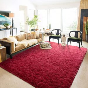 chicrug wine red fluffy area rugs for living room bedroom, large area rug for kids, shag plush fuzzy carpet modern furry rug nursery playroom indoor non slip carpet 4×6 feet