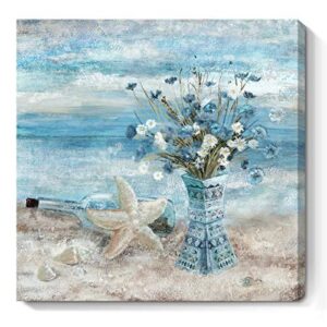 bathroom decor wall art blue beach picture ocean theme flower canvas print modern coastal seascape painting framed seaside artwork floral daisy in indian vase for home sea lake bedroom 14x14inch