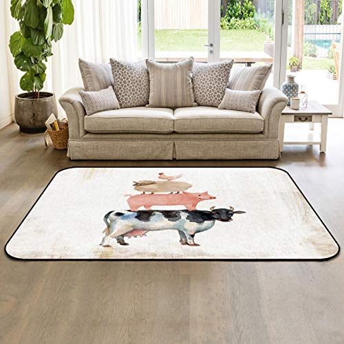 Farmhouse Rug for Bedroom Non Skid Large Area Rug 4'x6' for Kids Baby Nursery Room Livingroom Decor Washable Carpets Farm Animals Cow Pig Chicken Watercolor