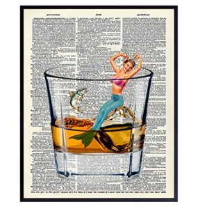 bar man cave mermaid decor – scotch whiskey wall art – fish wall decor for men, guys – funny alcohol drinking decor – 8×10 dictionary art picture poster – home office decor