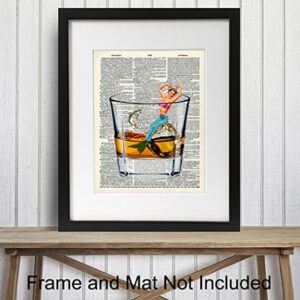 Bar Man Cave Mermaid Decor - Scotch Whiskey Wall Art - Fish Wall Decor for Men, Guys - Funny Alcohol Drinking Decor - 8x10 Dictionary Art Picture Poster - Home Office Decor