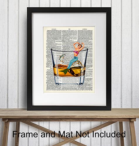 Bar Man Cave Mermaid Decor - Scotch Whiskey Wall Art - Fish Wall Decor for Men, Guys - Funny Alcohol Drinking Decor - 8x10 Dictionary Art Picture Poster - Home Office Decor