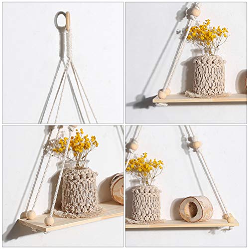 VOSAREA Decorative Wall Hanging Shelf Wood Rope Floating Shelves Rustic Home Wall Decor Flower Bracket Shelf