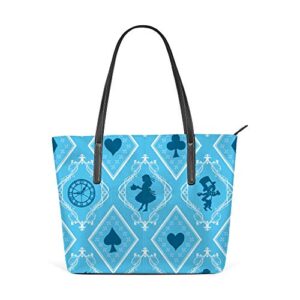 kuizee tote handbag shoulder bags zipper ﻿wonderland blue big capacity pu leather decoration casual school shopping fashion 15.7in