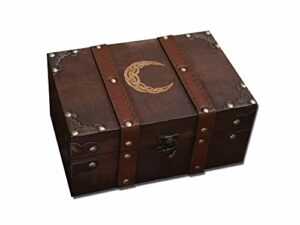 gbrand 8.3″ wood and leather celtic moon chest box, crescent wooden box with velvet lining, vintage tarot box (box only)