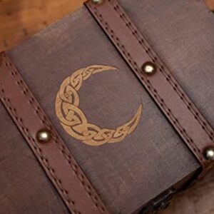 Gbrand 8.3" Wood and Leather Celtic Moon Chest Box, Crescent Wooden Box with Velvet Lining, Vintage Tarot Box (Box Only)