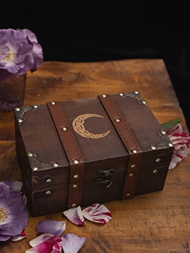 Gbrand 8.3" Wood and Leather Celtic Moon Chest Box, Crescent Wooden Box with Velvet Lining, Vintage Tarot Box (Box Only)