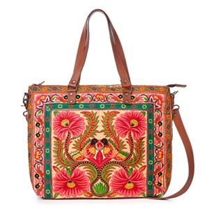 changnoi embroidered tote bag with adjustable leather crossbody strap