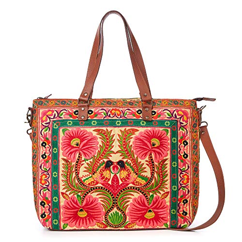 changnoi Embroidered Tote Bag with Adjustable Leather Crossbody Strap