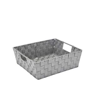 simplify striped woven basket for storage with handles, nursery, playroom, toys, bedroom, closet, clothes, office, decorative lurex totes, large shelf, grey/silver