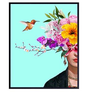 hummingbird flowers tropical wall art & decor – 8×10 gifts for women – mexican wall art for bedroom home office, living room – floral tiffany blue decor picture print – hummingbird wall decor
