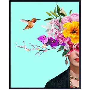 Hummingbird Flowers Tropical Wall Art & Decor - 8x10 Gifts for Women - Mexican Wall Art for Bedroom Home Office, Living Room - Floral Tiffany Blue Decor Picture Print - Hummingbird Wall Decor