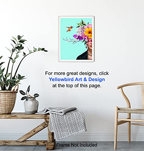 Hummingbird Flowers Tropical Wall Art & Decor - 8x10 Gifts for Women - Mexican Wall Art for Bedroom Home Office, Living Room - Floral Tiffany Blue Decor Picture Print - Hummingbird Wall Decor