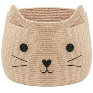 vk living animal baskets large woven cotton rope storage basket with cute cat design animal laundry basket organizer for towels, blanket, toys, clothes, gifts – pet or baby gift baskets 15‘’ l x 14h