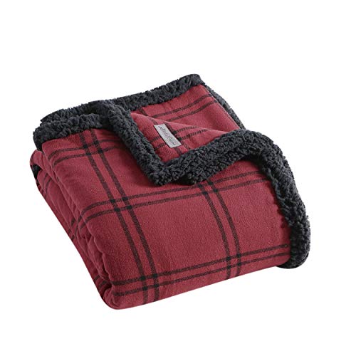 Eddie Bauer - Throw Blanket, Cotton Flannel Home Decor, All Season Reversible Sherpa Bedding (Kettle Falls Red/Black, Throw)