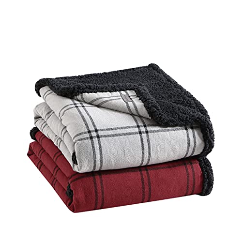 Eddie Bauer - Throw Blanket, Cotton Flannel Home Decor, All Season Reversible Sherpa Bedding (Kettle Falls Red/Black, Throw)