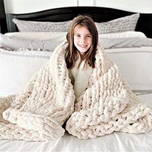 White Oak Village Chunky Knit Blanket Large Tight Knit Chunky Knit Blanket 50x70; Boho Throw; Tight Braid Cable Knit Throw for Sofa or Bed; Chenille Weighted Blanket 4.5lbs Soft Yellow