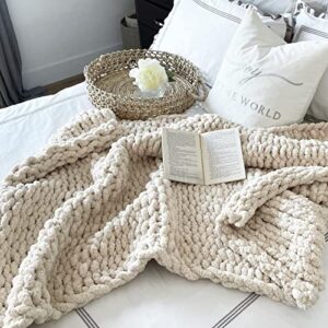 White Oak Village Chunky Knit Blanket Large Tight Knit Chunky Knit Blanket 50x70; Boho Throw; Tight Braid Cable Knit Throw for Sofa or Bed; Chenille Weighted Blanket 4.5lbs Soft Yellow