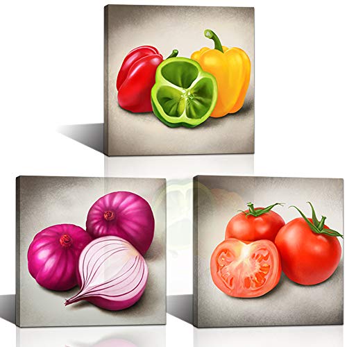 LoveHouse 3 Piece Kitchen Pictures Wall Decor Colorful Vegetable Onions Peppers Tomatos Dining Room Painting art for Modern Home Decoration Framed and Stretched Ready to Hang 12x12inchx3 panel