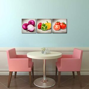 LoveHouse 3 Piece Kitchen Pictures Wall Decor Colorful Vegetable Onions Peppers Tomatos Dining Room Painting art for Modern Home Decoration Framed and Stretched Ready to Hang 12x12inchx3 panel