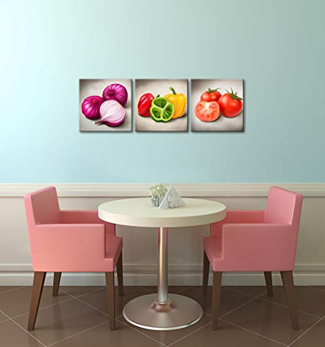 LoveHouse 3 Piece Kitchen Pictures Wall Decor Colorful Vegetable Onions Peppers Tomatos Dining Room Painting art for Modern Home Decoration Framed and Stretched Ready to Hang 12x12inchx3 panel